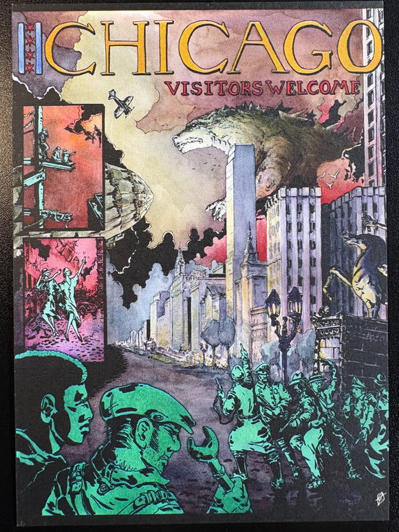 (C) Alain Douglas Park - Visitors Welcome: Godzilla vs Chicago - 5x7 print